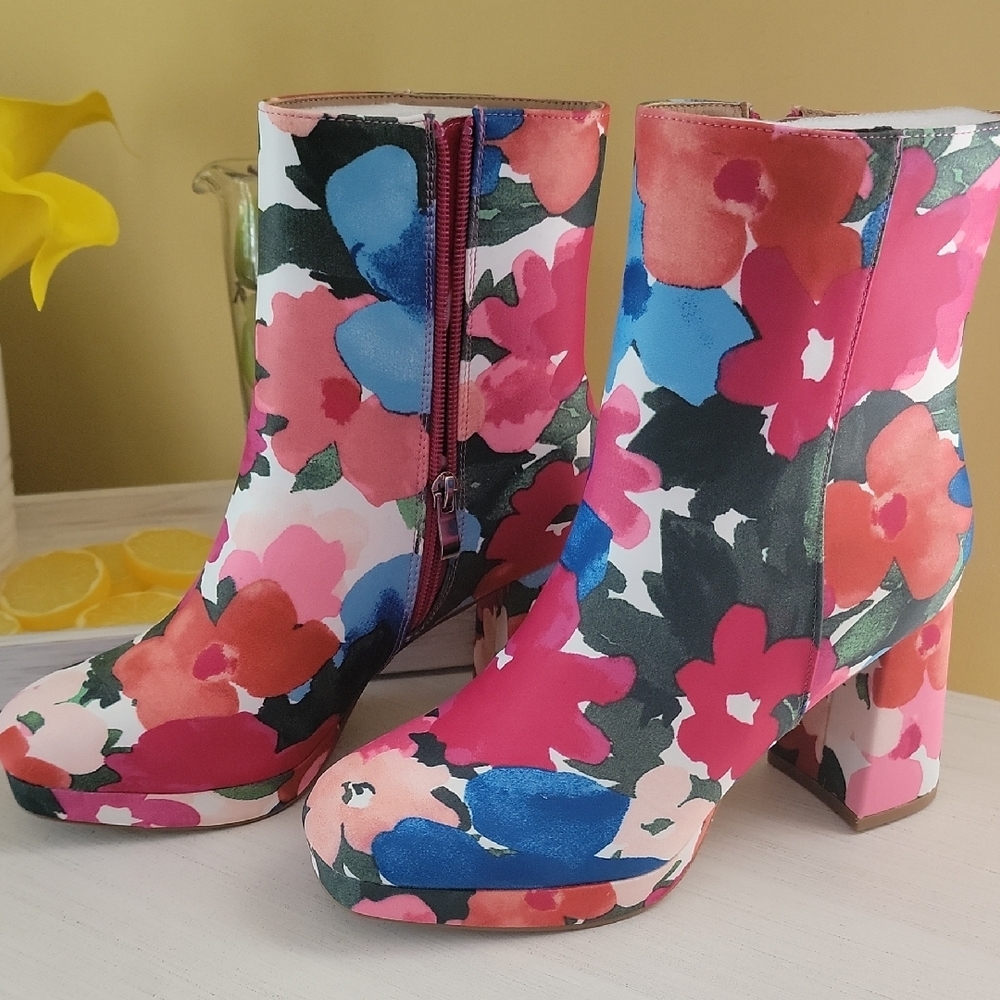 Colorful Floral Ankle Booties Chunky Heel - Picture 8 of 10